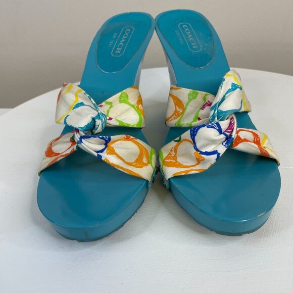 Coach Wedge Sandals Womens 8 Blue Slip On Fabric Studded VINTAGE *Read* - Picture 4 of 15